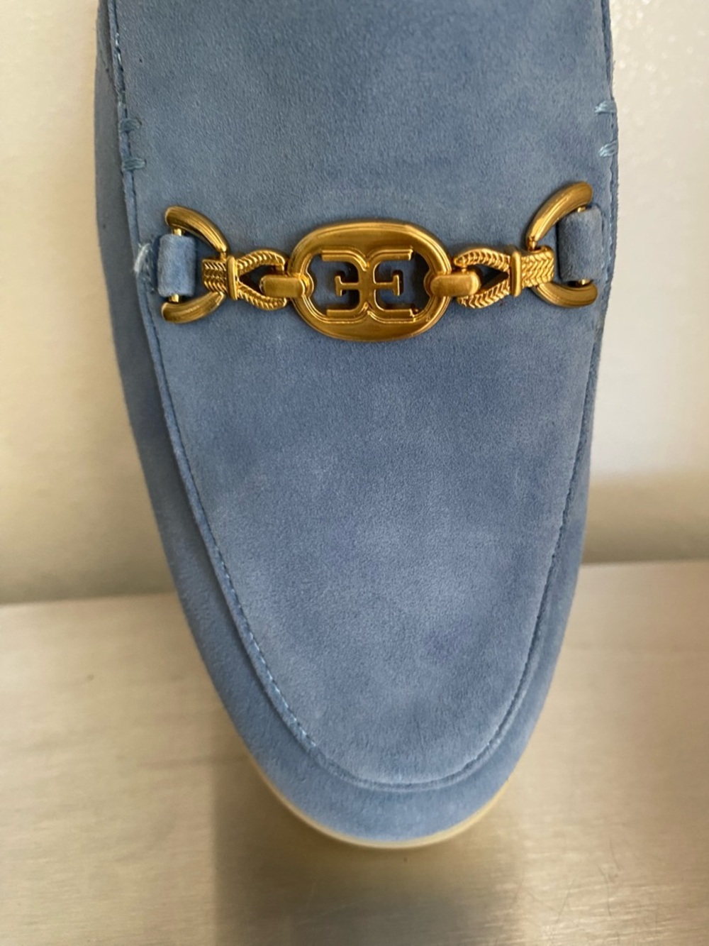 NEW.. SAM EDELMAN WOMENS BLUE SUEDE SLIP ON LOAFER MULES WITH BIT GOLD HARDWARE - Picture 5 of 10